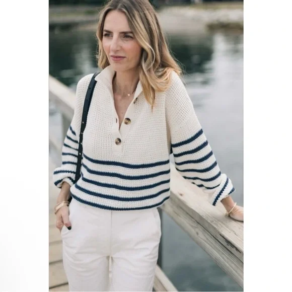 ABLE x Jess Ann Kirby Marin 100% Organic Cotton Striped Button Knit Sweater - Picture 2 of 14